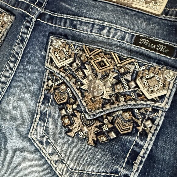 Y2K Miss Me Chloe Boot Cut Jeans Sz 30 Rhinestone Embellished Bling Back Pockets - Picture 7 of 12